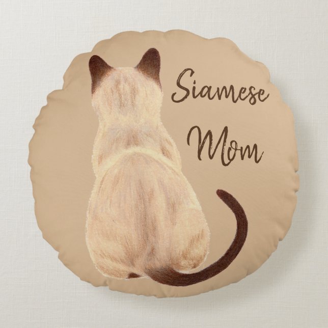 Sasha Siamese Cat Mom Kitty Looking Away Back View Round Pillow (Front)