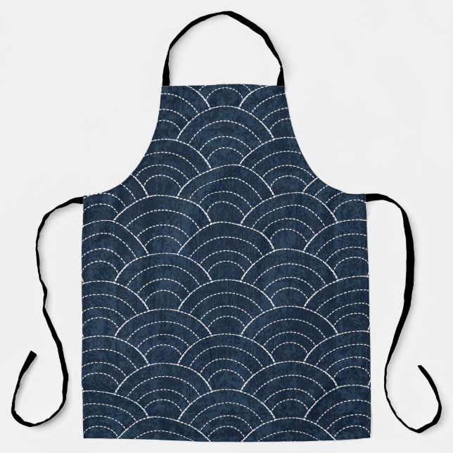 Sashiko Embroidery: Indigo Japanese Pattern. Apron (Front)