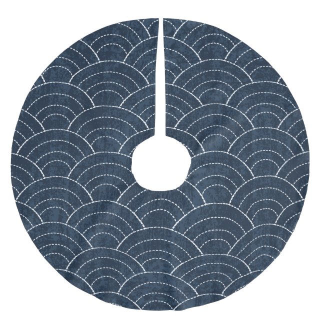 Sashiko Embroidery: Indigo Japanese Pattern. Brushed Polyester Tree Skirt (Front)
