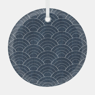 Sashiko Embroidery: Indigo Japanese Pattern. Glass Ornament