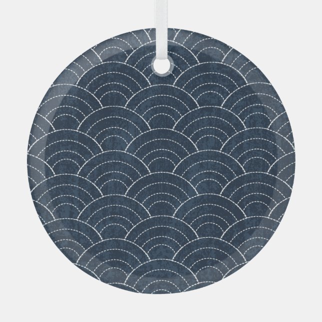 Sashiko Embroidery: Indigo Japanese Pattern. Glass Ornament (Front)