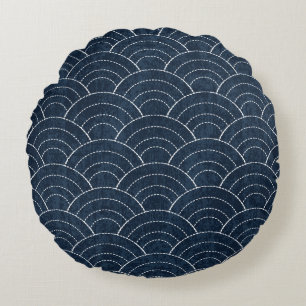 Sashiko Embroidery: Indigo Japanese Pattern. Round Pillow