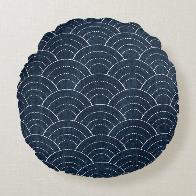 Sashiko Embroidery: Indigo Japanese Pattern. Round Pillow (Front)