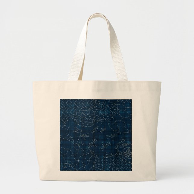 Sashiko-style embroidery imitation large tote bag (Front)