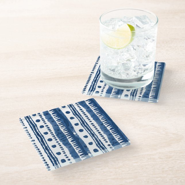 Sashiko White and Blue Pattern Glass Coaster (Angled)