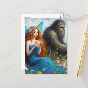 Sashquatch and a Fairy on a Picnic Postcard