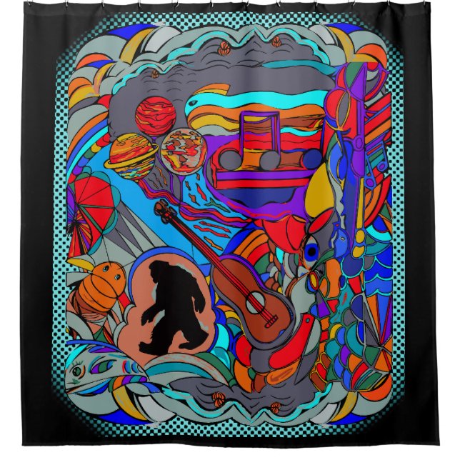 Sasquatch Abstract Doodle Art Shower Curtain (Front)