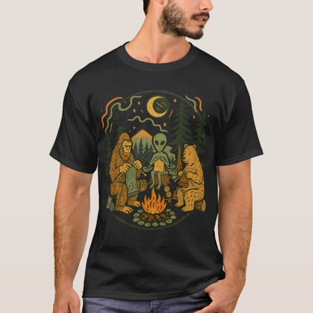 Sasquatch Alien Campfire Friends – Funny Cryptid U T-Shirt (Front)