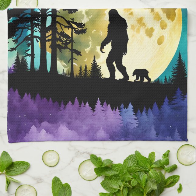 Sasquatch and Bear on the mountain Kitchen Towel (Folded)