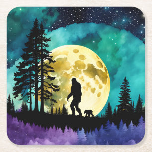 Sasquatch and Bear on the mountain *personalize* Square Paper Coaster
