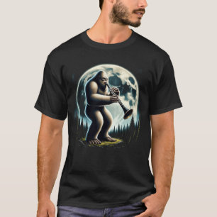 Sasquatch Bigfoot Playing Clarinet on Full Moon T-Shirt