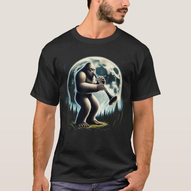 Sasquatch Bigfoot Playing Clarinet on Full Moon T-Shirt (Front)