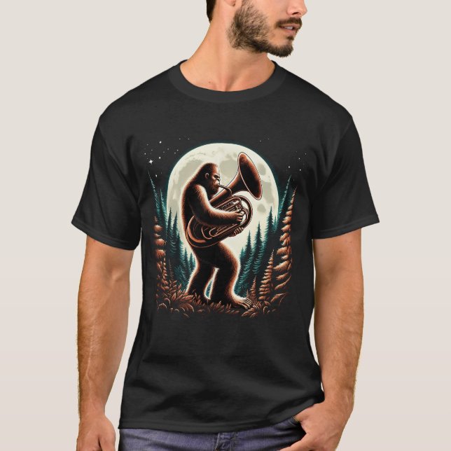 Sasquatch Bigfoot Playing Tuba on Full Moon Tuba T-Shirt (Front)