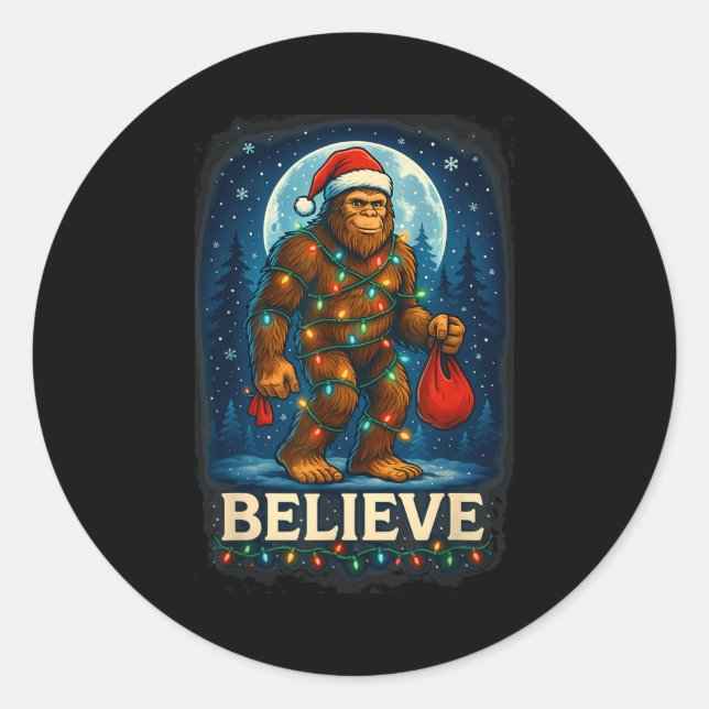 Sasquatch Christmas Lights Holiday Believe  Classic Round Sticker (Front)