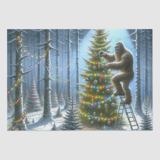 Sasquatch Decorating Christmas Trees Funny Tissue Paper (Front)