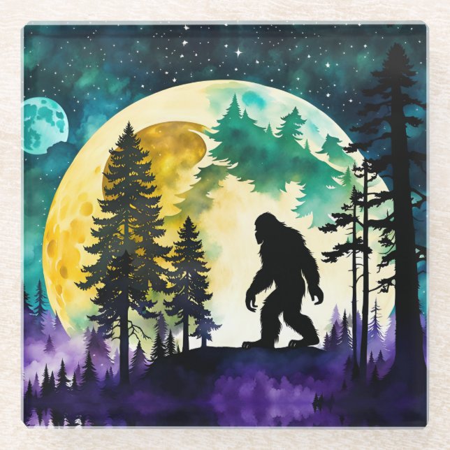 Sasquatch Full moon Glass Coaster (Front)