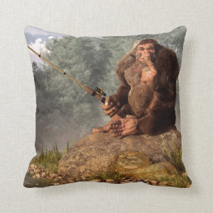 Sasquatch Goes Fishing Throw Pillow