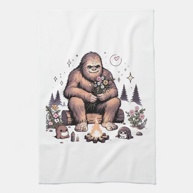 Sasquatch Holding Flowers Kitchen Towel (Vertical)