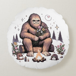 Sasquatch Holding Flowers Round Pillow