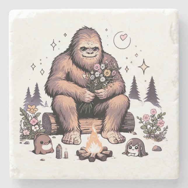 Sasquatch Holding Flowers Stone Coaster (Front)