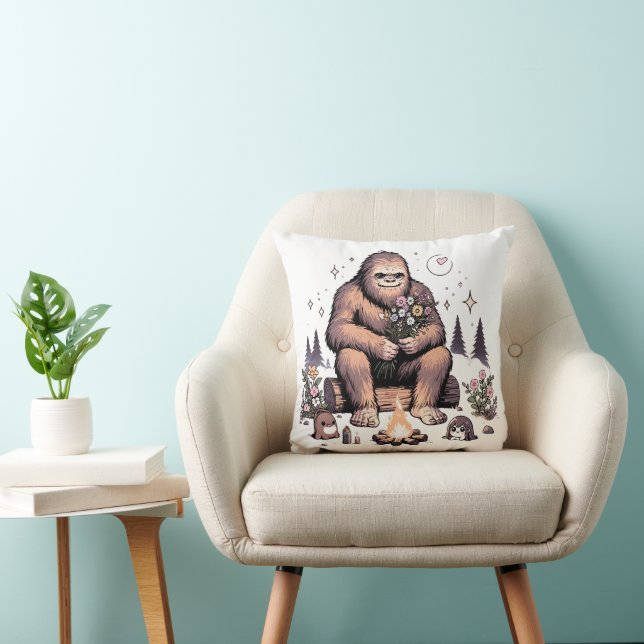 Sasquatch Holding Flowers Throw Pillow (Chair)