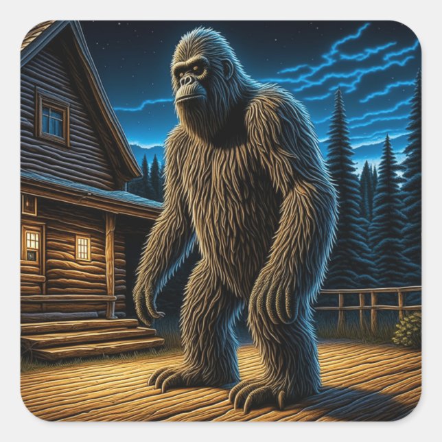 Sasquatch in front of Log Cabin in the Woods Square Sticker (Front)