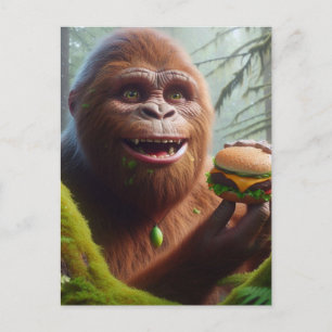 Sasquatch in mossy forest with Cheeseburger Postcard