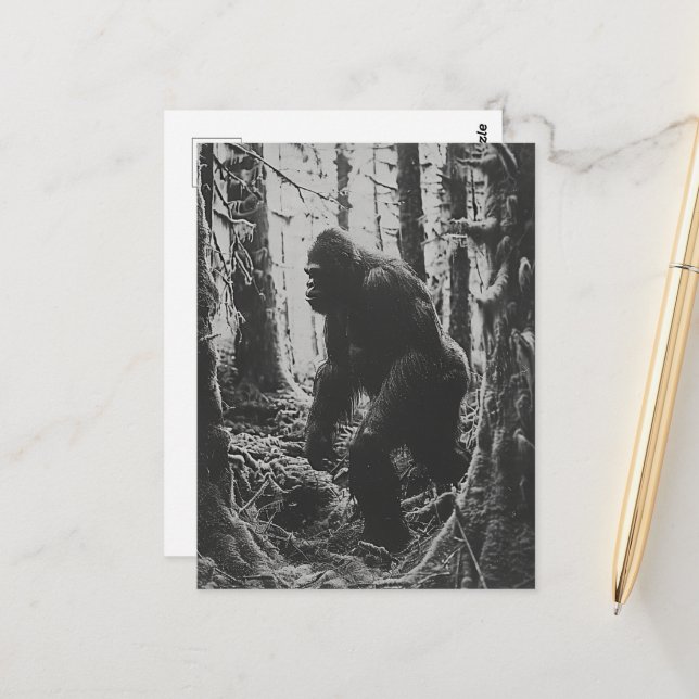 Sasquatch in the forest black and white postcard (Front/Back In Situ)