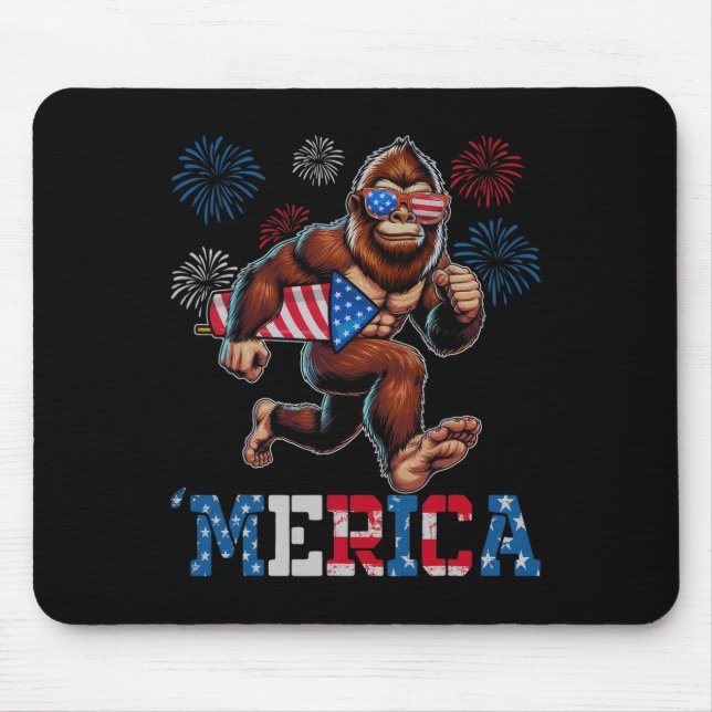 Sasquatch Merica Fireworks 4th Of July Patriotic  Mouse Pad (Front)