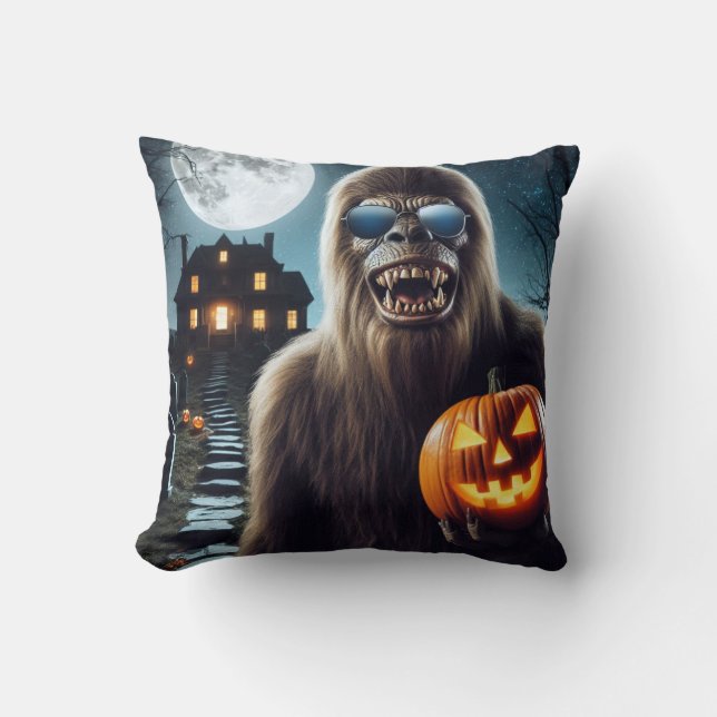 Sasquatch on Halloween Throw Pillow (Front)
