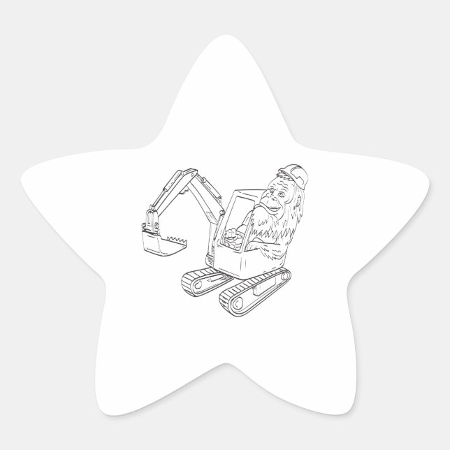 Sasquatch or Bigfoot Driving a Mechanical Digger Star Sticker (Front)