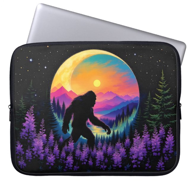 Sasquatch Rainbow Mountain Moon Wall Clock Laptop Sleeve (Front)