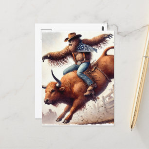 Sasquatch rides a rodeo bull fantasy art postcard