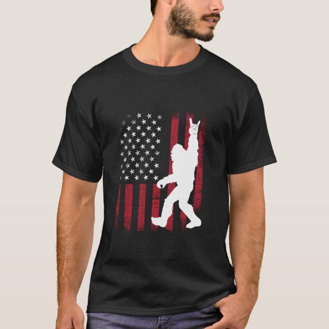 Sasquatch Rock and Roll Bigfoot American Flag T-Shirt (Front)