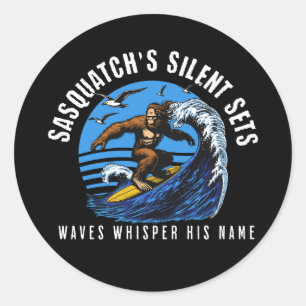 Sasquatch’s Silent Sets Surfing Bigfoot Black Classic Round Sticker