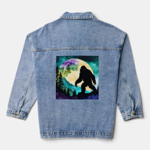 Sasquatch Silhouette Walking on the Mountain-Moon  Denim Jacket