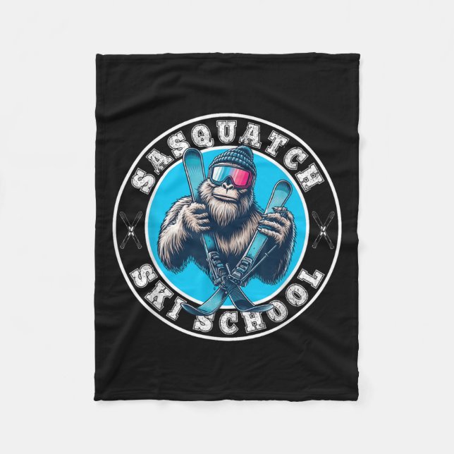 Sasquatch Ski School Funny Bigfoot Skiing  Fleece Blanket (Front)