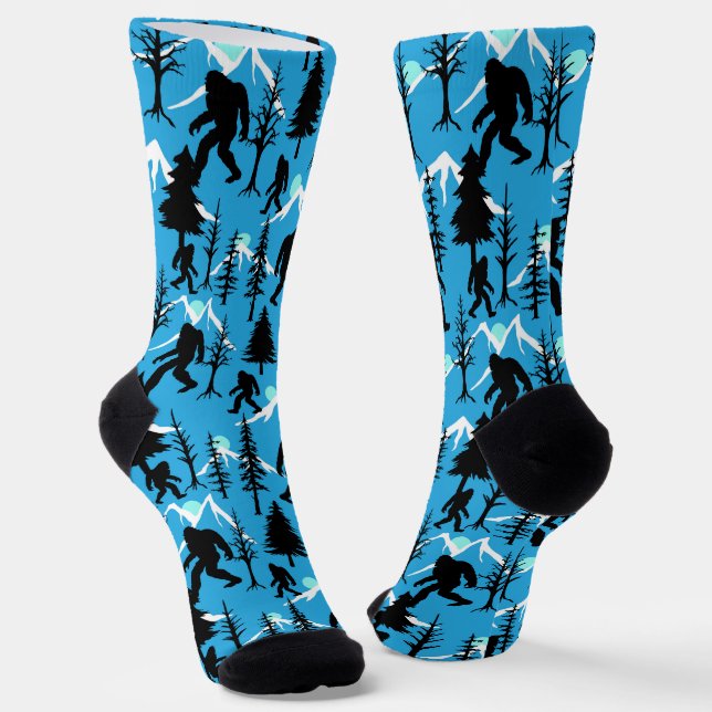 Sasquatch Squatchin in the Woods Bigfoot Blue Socks (Angled)