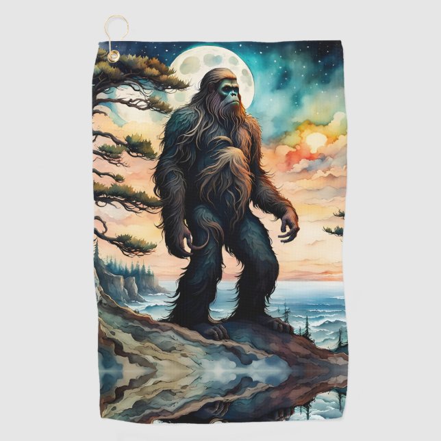 Sasquatch Standing on Ridge overlooking the Ocean Golf Towel (Front)
