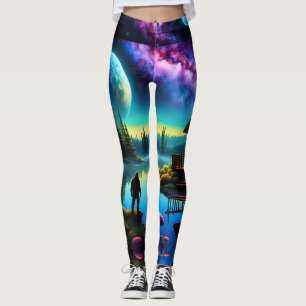 Sasquatch stares at a cabin and nebula sky  leggings