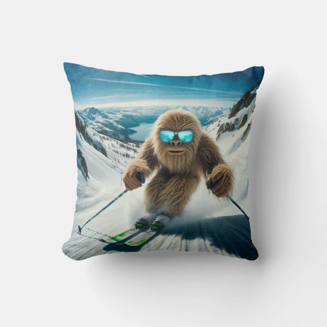Sasquatch the Skier Throw Pillow (Front)