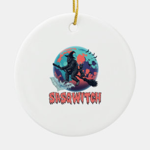 Sasqwitch Bigfoot Witch Broom Black Cat Moon Hallo Ceramic Ornament