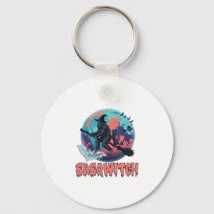 Sasqwitch Bigfoot Witch Broom Black Cat Moon Hallo Keychain