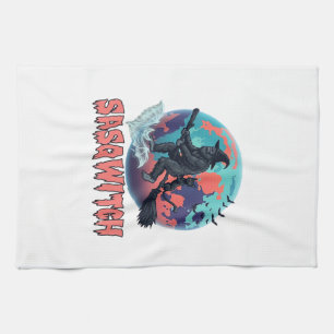 Sasqwitch Bigfoot Witch Broom Black Cat Moon Hallo Kitchen Towel