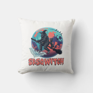 Sasqwitch Bigfoot Witch Broom Black Cat Moon Hallo Throw Pillow