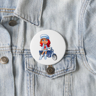 Sassy Biker Girl with Red Hair and Motorcycle  3 Inch Round Button