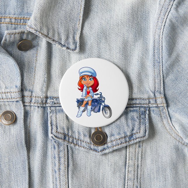 Sassy Biker Girl with Red Hair and Motorcycle  3 Inch Round Button (Creator Uploaded)