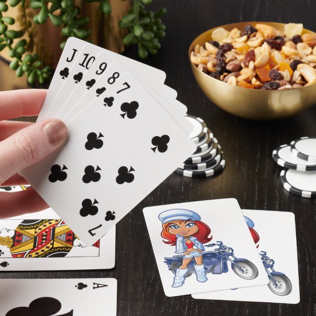 Sassy Biker Girl with Red Hair and Motorcycle  Playing Cards (In Situ)