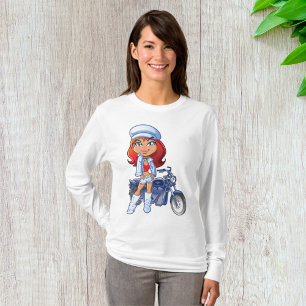Sassy Biker Girl with Red Hair and Motorcycle T-Shirt