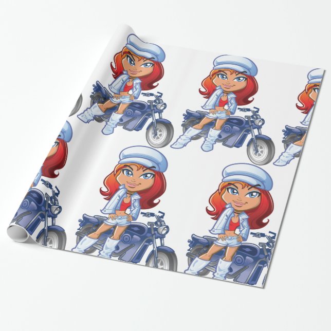Sassy Biker Girl with Red Hair and Motorcycle  Wrapping Paper (Unrolled)